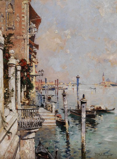 Venedig, Blick von einem Kanal über den Canal Grande hin zur Kirche San Giorgio von Franz Richard Unterberger